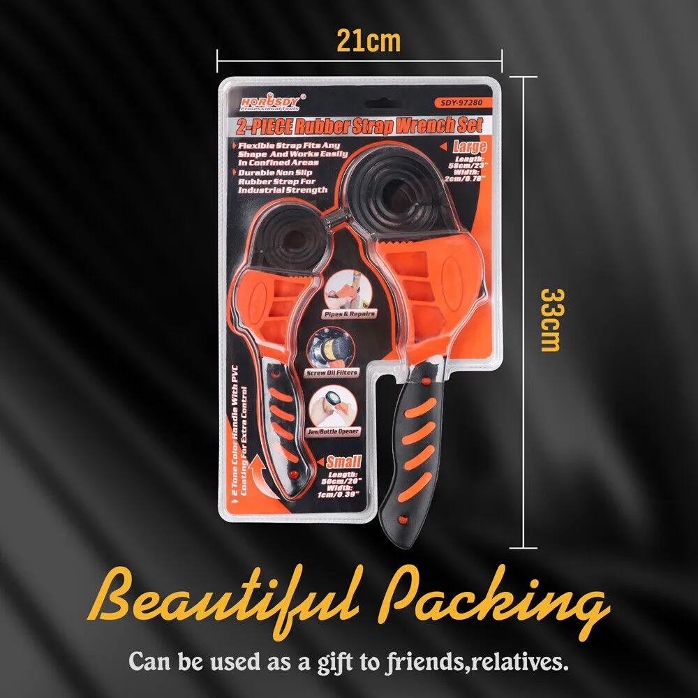 2Pc Adjustable Strap Wrench | Rubber Belt Spanner | Multi-Purpose Jar Opener Filter