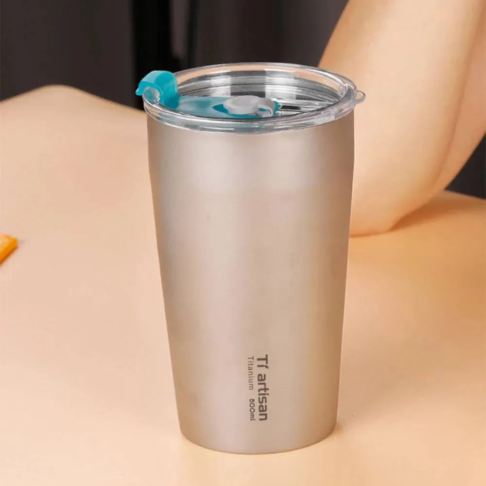 500ml Outdoor Titanium Teacup Double Wall Camping Beer Cup Ultralight Water Cup with Cup Lid for Travel Camping Hiking
