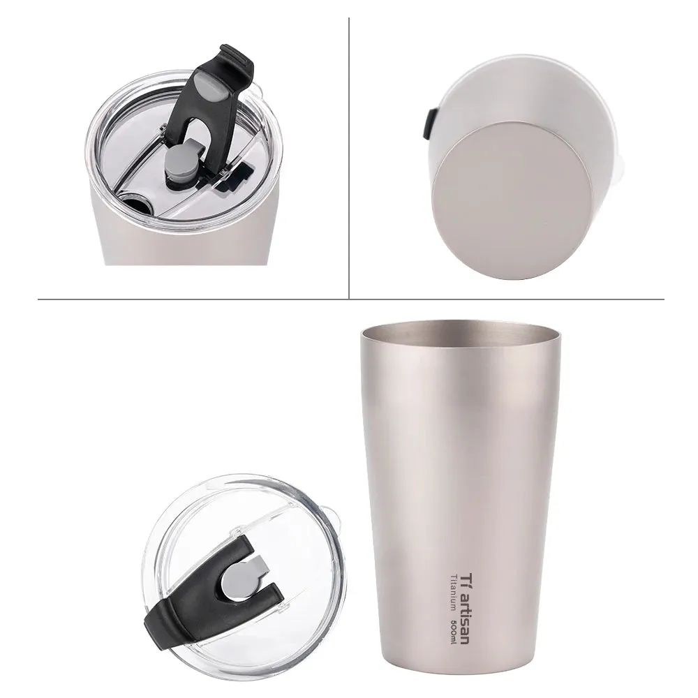 500ml Outdoor Titanium Teacup Double Wall Camping Beer Cup Ultralight Water Cup with Cup Lid for Travel Camping Hiking