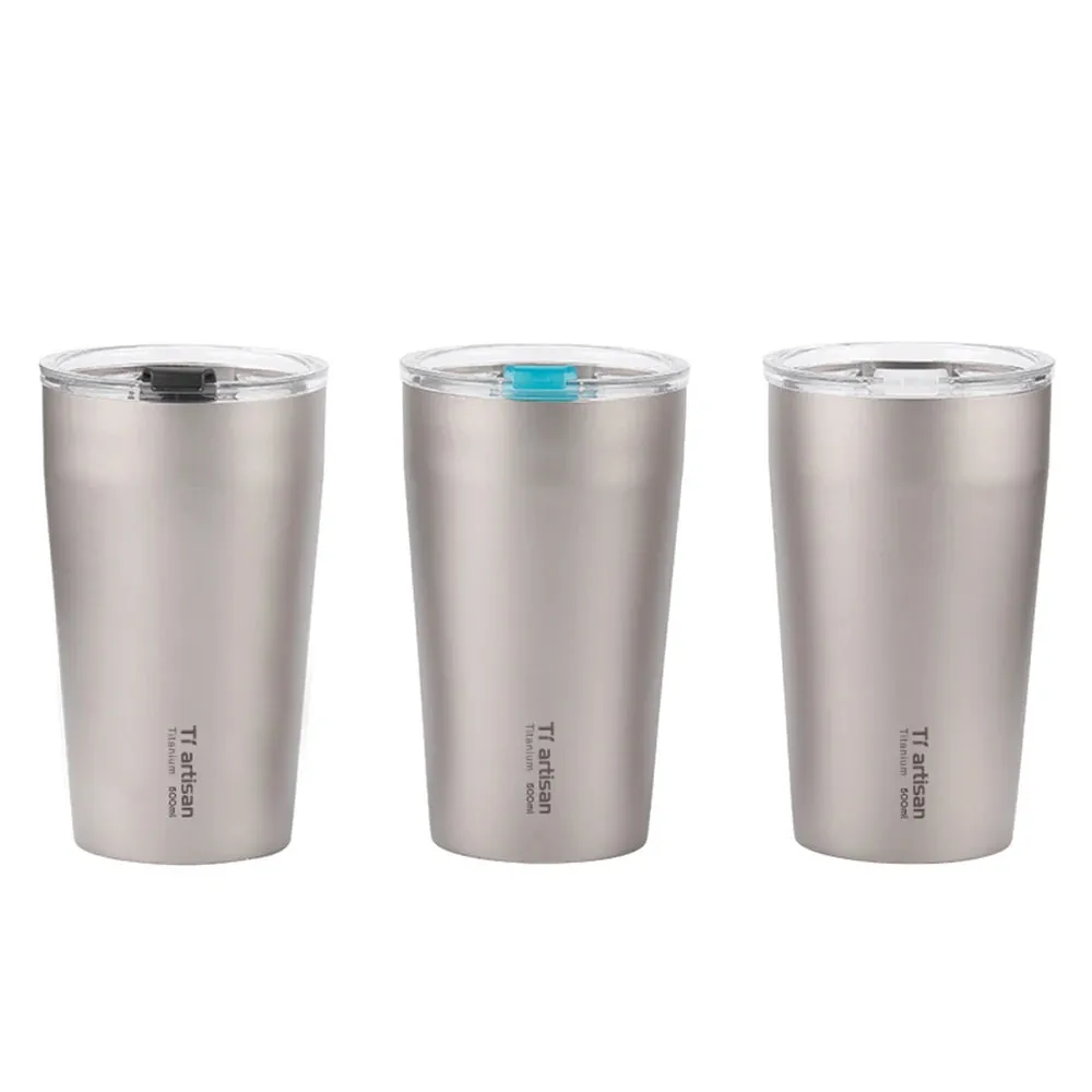 500ml Outdoor Titanium Teacup Double Wall Camping Beer Cup Ultralight Water Cup with Cup Lid for Travel Camping Hiking
