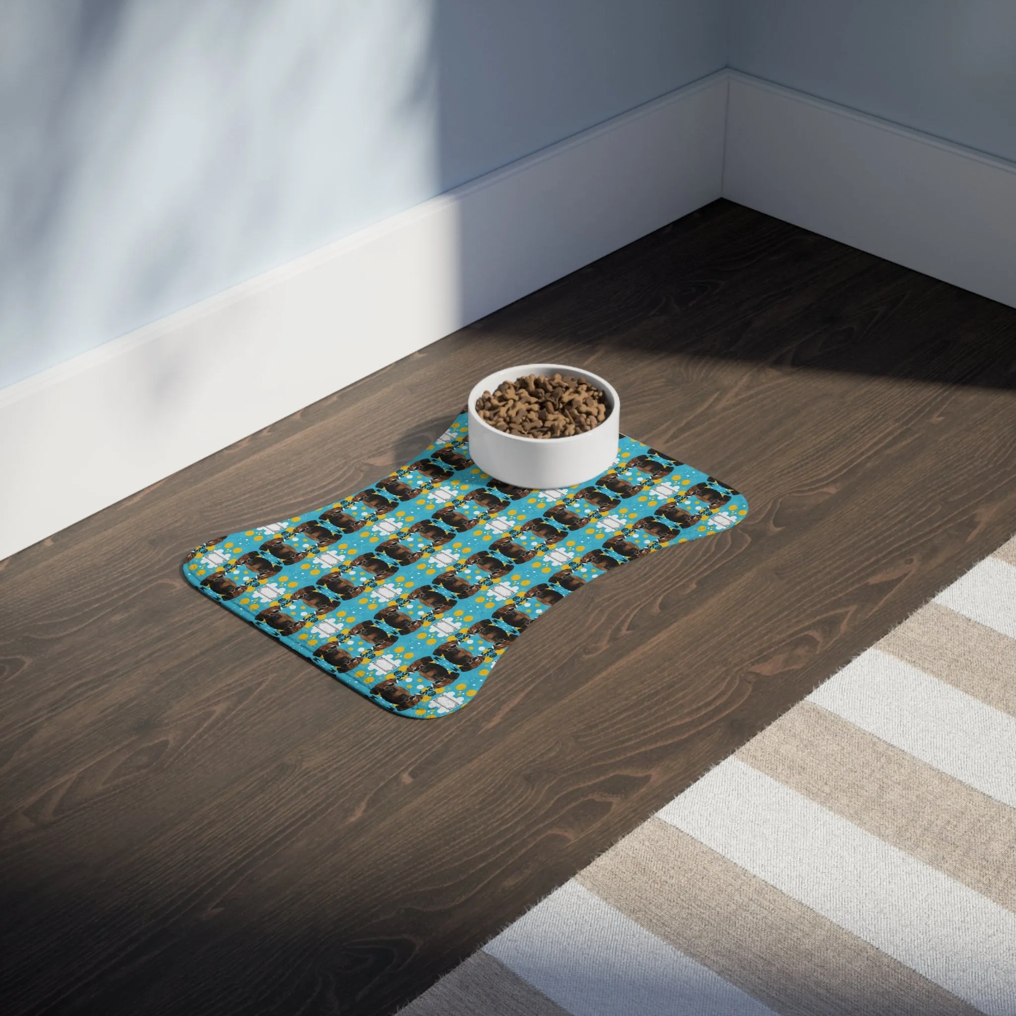 Cool Labrador with Sunglasses pattern. Part of the "Where's the doggie?" series by Poochbliss pet dog Feeding Mat