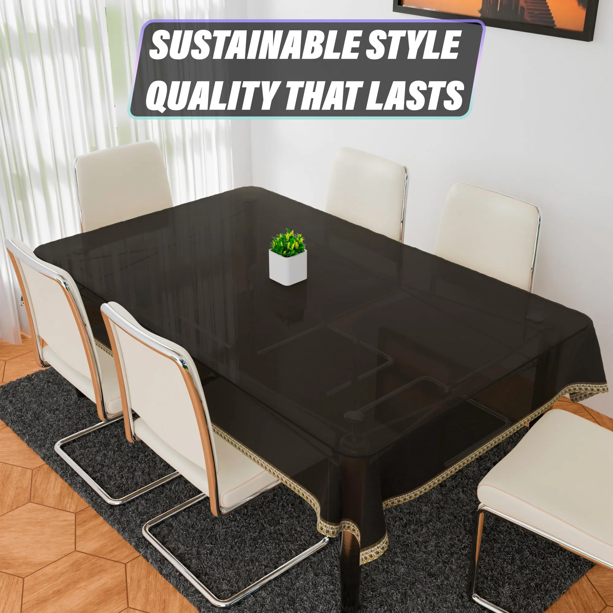 Kuber Industries Dining Table Cover | Tabletop Cover | Table Buffet Cover | Table Linen Cover | 6-Seater Table Cloth | Table Cloth Cover | Small Golden Lace | DTC | 60x90 Inch | Black Transparent