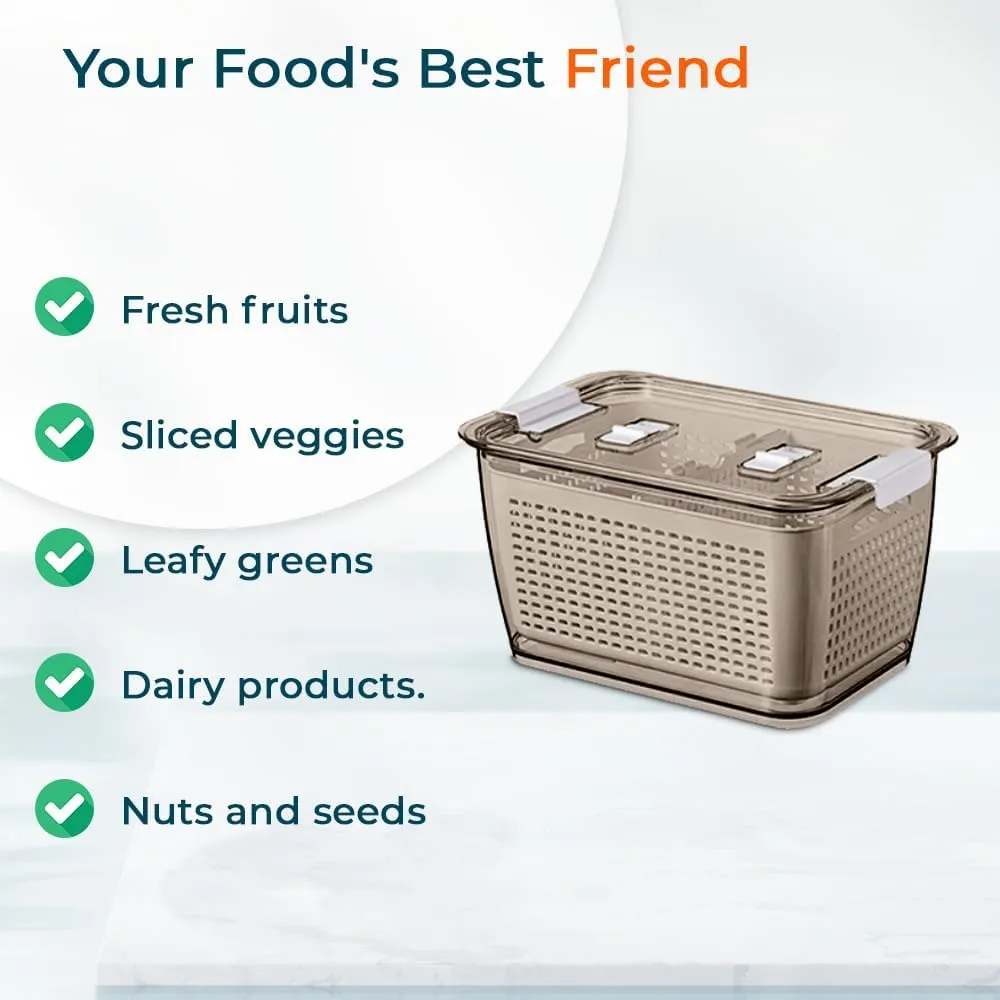 Kuber Industries Small Refrigerator Storage Crisper with Lid & Detachable Hollow Basket-Pack of 2 (Brown)