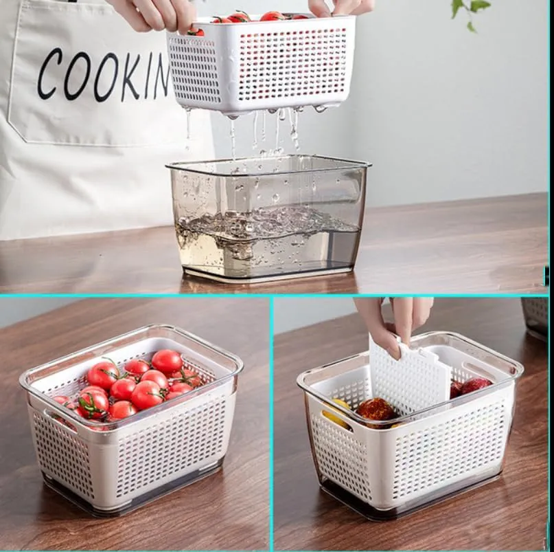 Kuber Industries Small Refrigerator Storage Crisper with Lid & Detachable Hollow Basket-Pack of 2 (Brown)