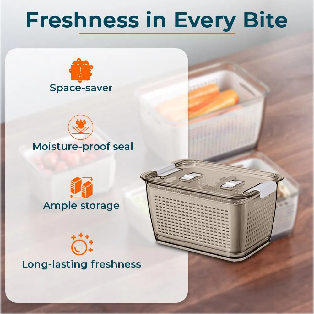 Kuber Industries Small Refrigerator Storage Crisper with Lid & Detachable Hollow Basket-Pack of 2 (Brown)
