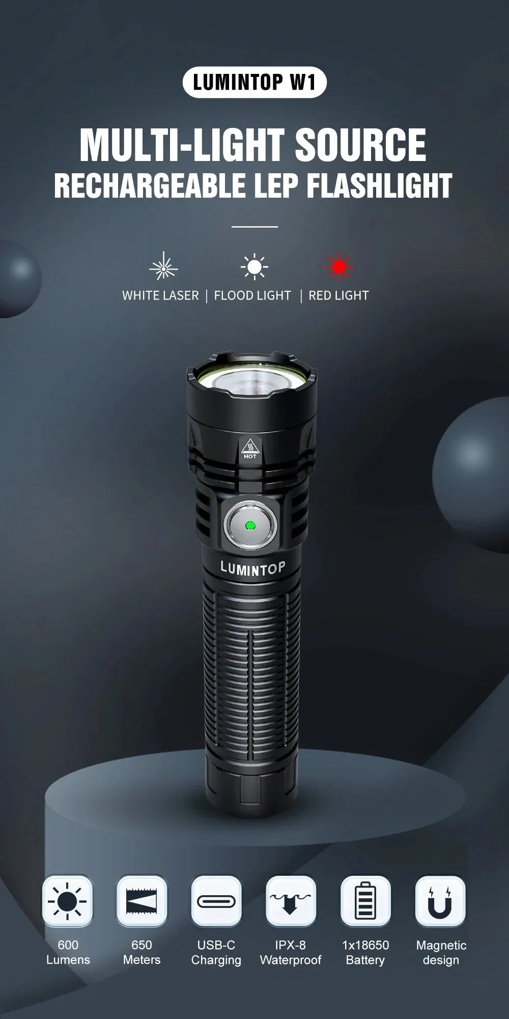Lumintop W1 Multi-Light Rechargeable Flashlight Black 1 *21700 Battery Included White LED / Red LED / White Extreme Focus