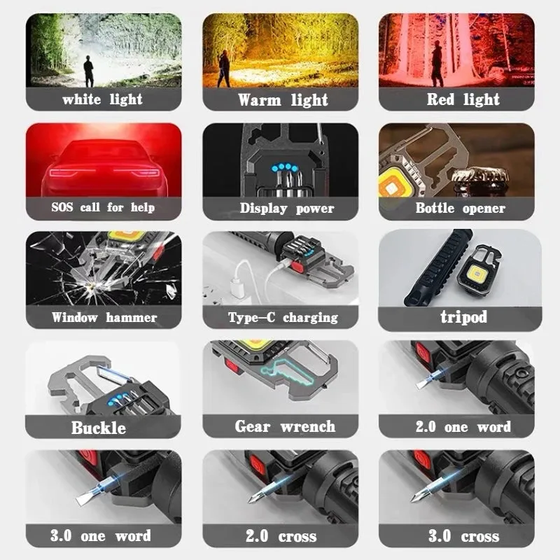 Mini LED Flashlight Work Light Outdoor Camping Light COB Keychain Light Portable Pocket Wrench Screwdriver Safety Hammer