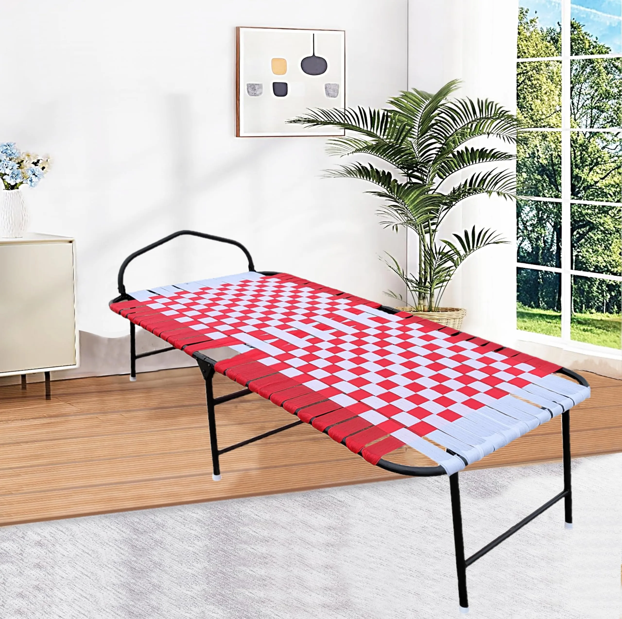 PS PARVESH SMART® Easy Niwar Folding Bed with (5 Items) Folding Bed  5 inchi Cotton Mattress  Bed Sheet  Pillow  Pillow Cover Size 36 inch x72 inch (Red)