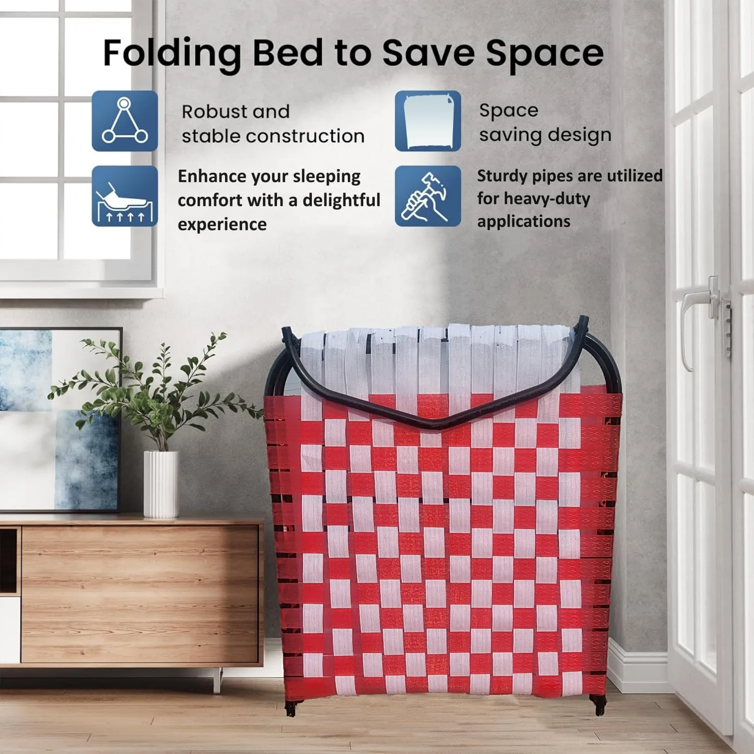 PS PARVESH SMART® Easy Niwar Folding Bed with (5 Items) Folding Bed  5 inchi Cotton Mattress  Bed Sheet  Pillow  Pillow Cover Size 36 inch x72 inch (Red)
