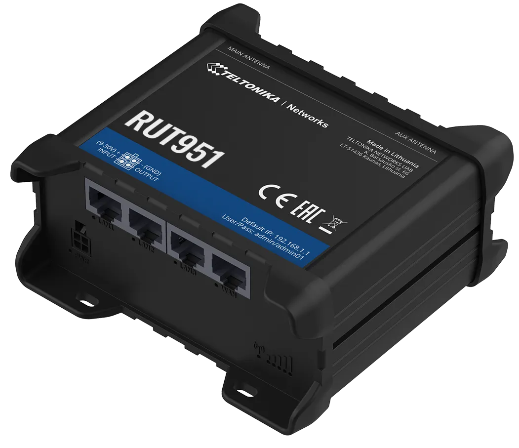 Rut951 Is A Compact Industrial 4G (Lte) Router Equipped With 4X Ethernet Ports, Wifi, Dual-Sim And Rutos Software For Advanced Networking Solutions.