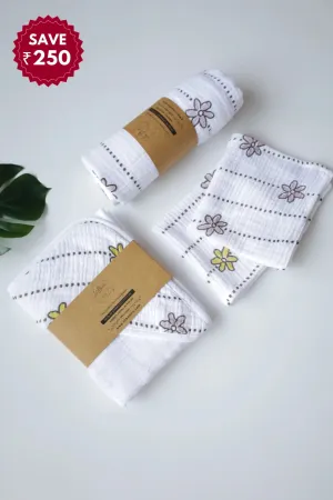 Snuggle Set-5-Combo of Muslin-Baby Swaddle, Hooded Towel & Wipes