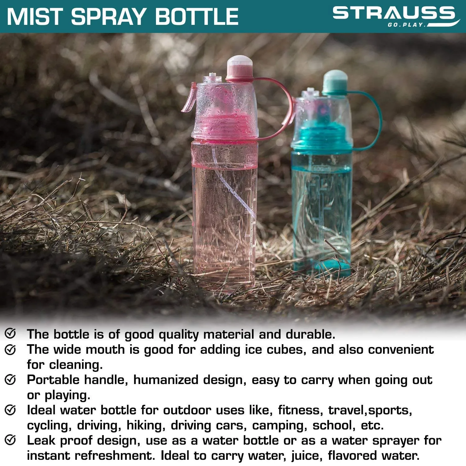 STRAUSS Water Mist Spray Bottle, 600 ml (Pink)