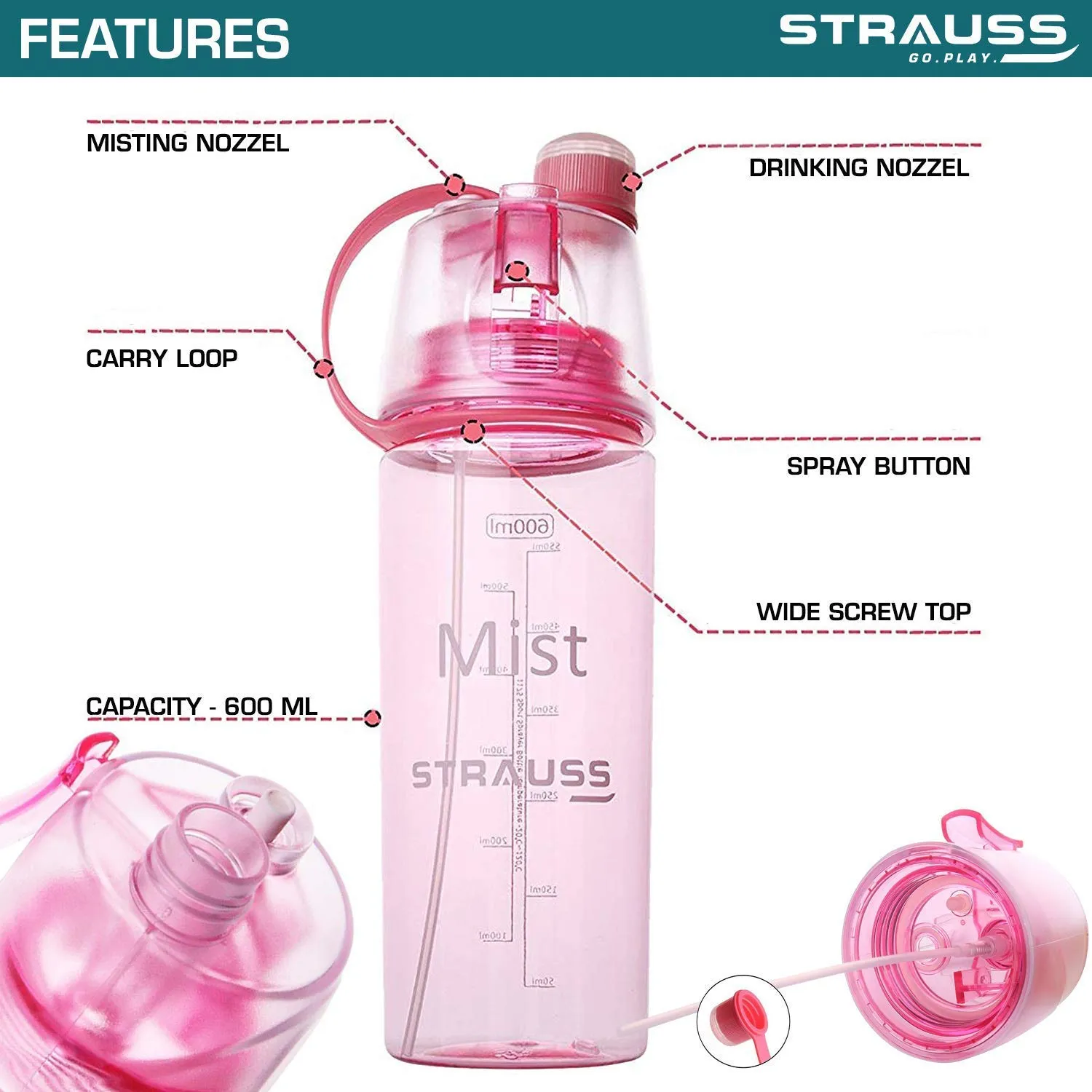 STRAUSS Water Mist Spray Bottle, 600 ml (Pink)