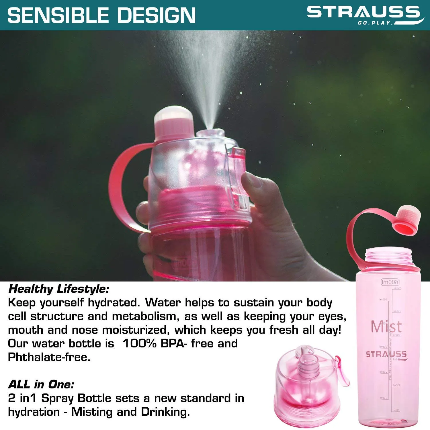 STRAUSS Water Mist Spray Bottle, 600 ml (Pink)