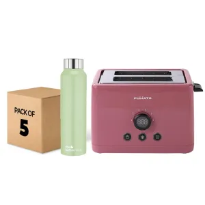 The Better Home FUMATO 1000 Watt 2 Slice Pop-up Toastmate Toaster & Stainless Steel Water Bottle 1 Litre Pack of 5 Green