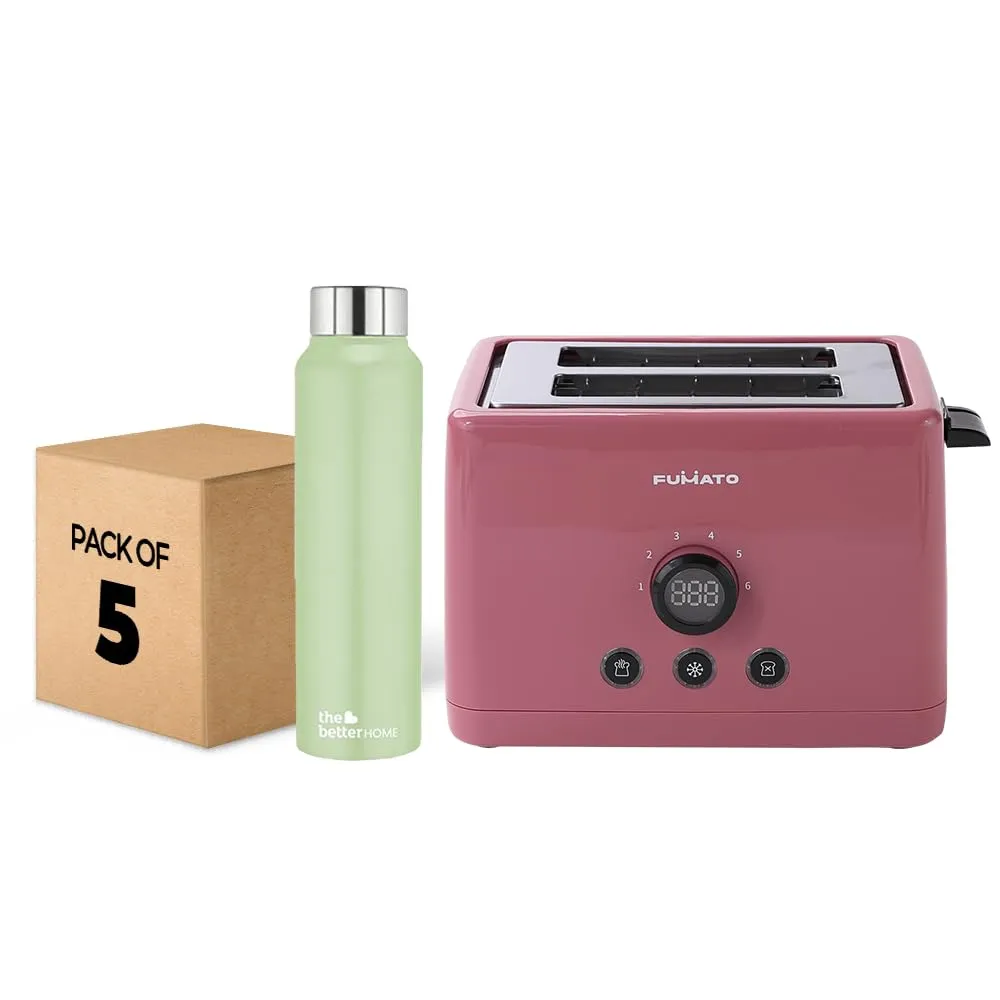 The Better Home FUMATO 1000 Watt 2 Slice Pop-up Toastmate Toaster & Stainless Steel Water Bottle 1 Litre Pack of 5 Green