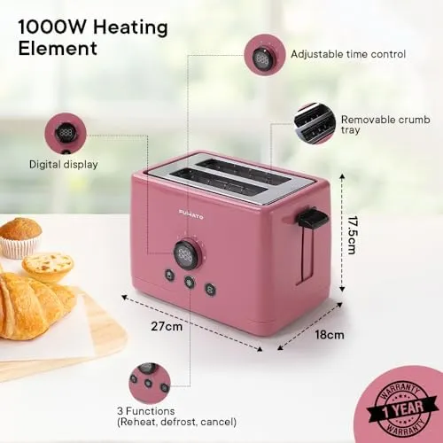 The Better Home FUMATO 1000 Watt 2 Slice Pop-up Toastmate Toaster & Stainless Steel Water Bottle 1 Litre Pack of 5 Green