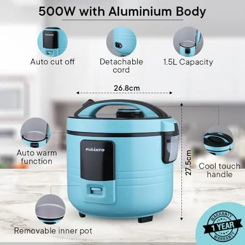 The Better Home FUMATO Cookeasy Automatic 500W Electric Rice Cooker 1.5L Blue & Stainless Steel Water Bottle 1 Litre Pack of 10 Blue