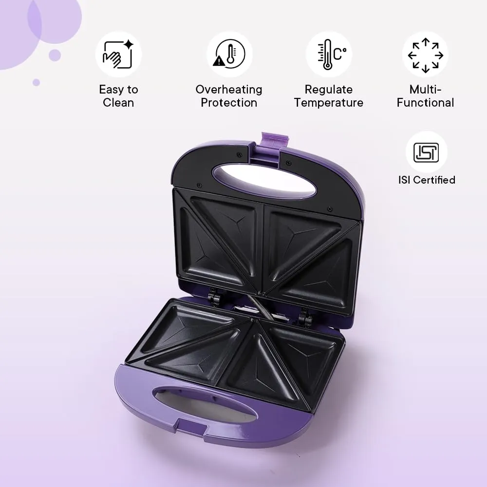 The Better Home FUMATO Presswich 750W Sandwich Maker, 2 Slice Grill, Purple & Stainless Steel Water Bottle 1 Litre Blue