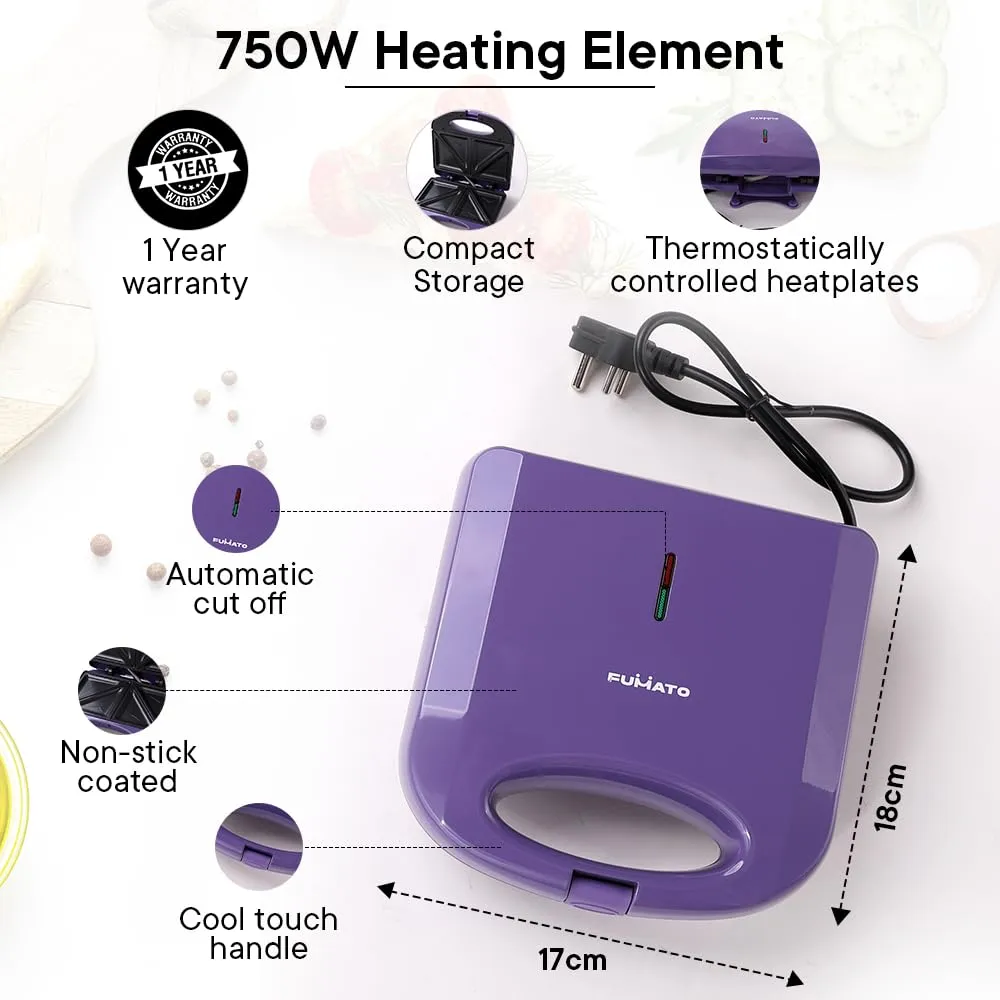 The Better Home FUMATO Presswich 750W Sandwich Maker, 2 Slice Grill, Purple & Stainless Steel Water Bottle 1 Litre Blue