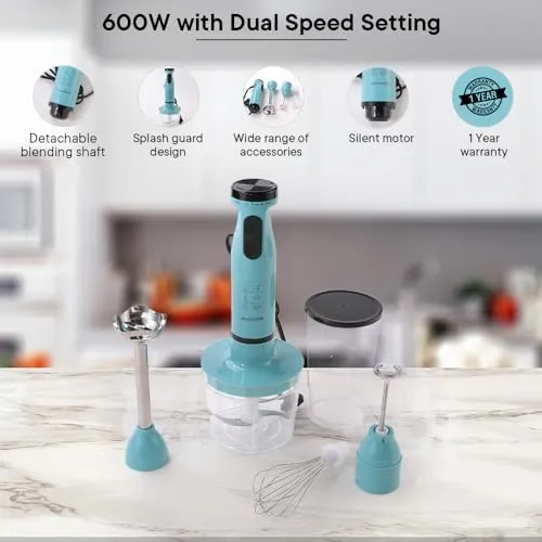 The Better Home FUMATO Turbo Pro 600W Electric Hand Blender 4-1 & Stainless Steel Water Bottle 1 Litre Pack of 2 Light Blue