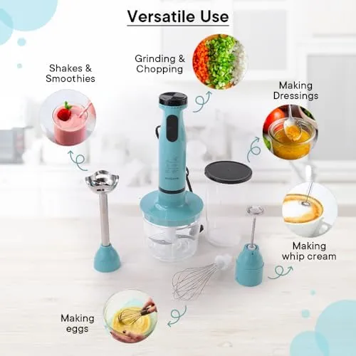 The Better Home FUMATO Turbo Pro 600W Electric Hand Blender 4-1 & Stainless Steel Water Bottle 1 Litre Pack of 2 Light Blue