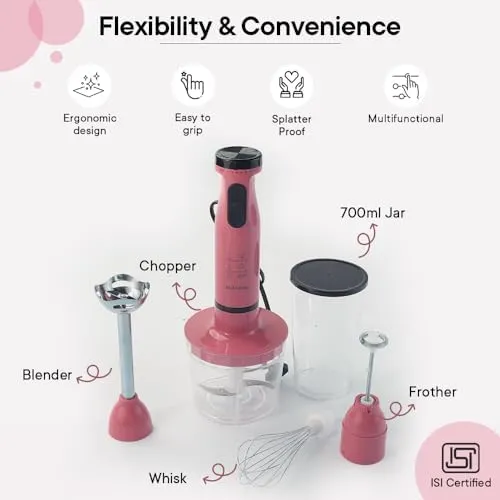 The Better Home FUMATO Turbo Pro600W Electric Hand Blender 4-1 Pink & Stainless Steel Water Bottle 1 Litre Pack of 5 Gold