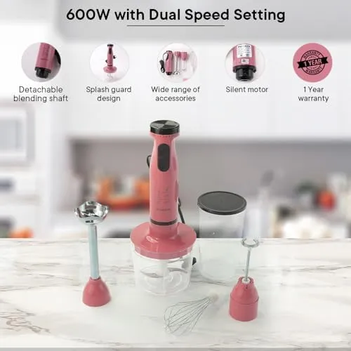 The Better Home FUMATO Turbo Pro600W Electric Hand Blender 4-1 Pink & Stainless Steel Water Bottle 1 Litre Pack of 5 Gold