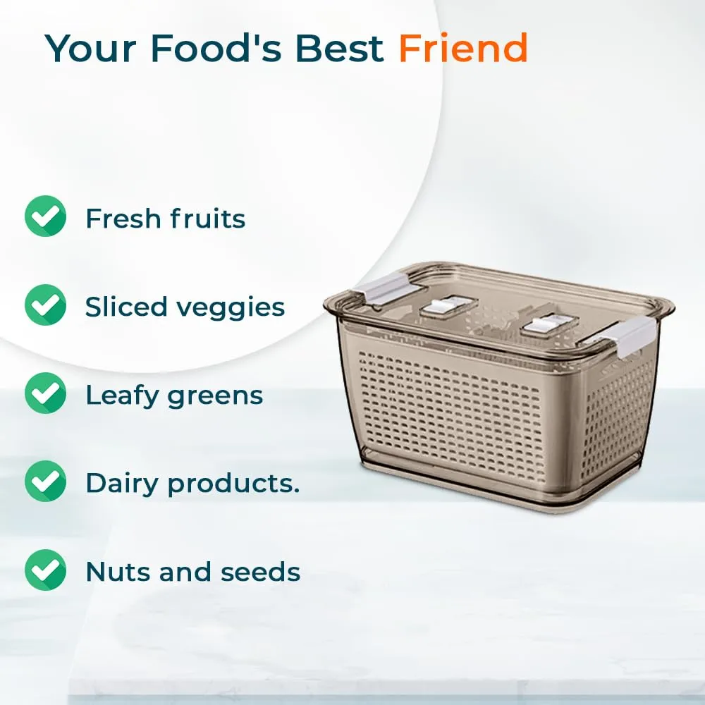 Urbane Home Small Refrigerator Storage Crisper with Lid & Detachable Hollow Basket (Brown)