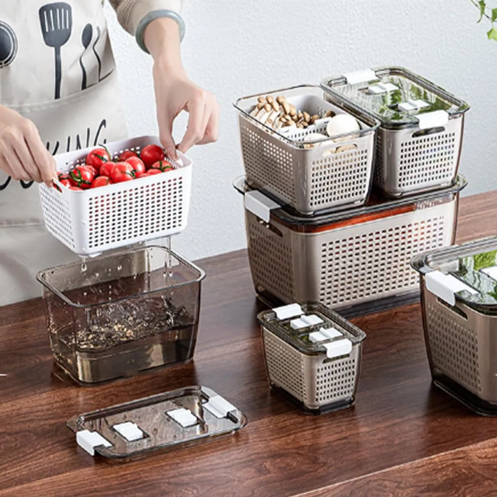 Urbane Home Small Refrigerator Storage Crisper with Lid & Detachable Hollow Basket (Brown)